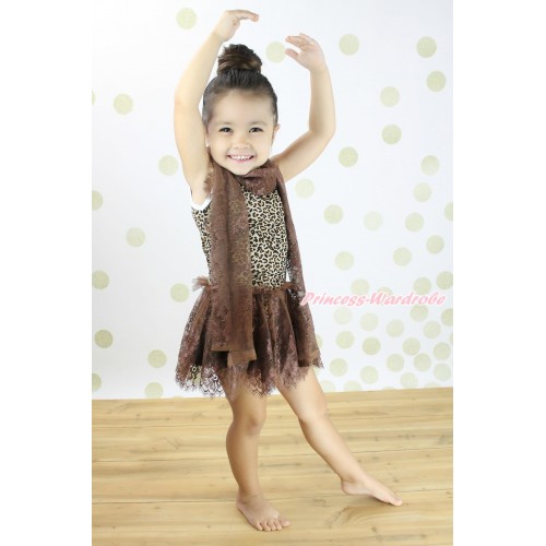 Leopard Sleeveless Brown Lace ONE-PIECE Scarf Party Dress Set LP229